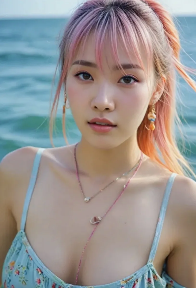 AI-generated fictional adult woman by the sea