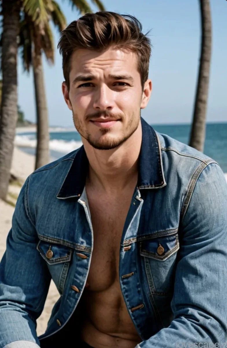 AI-generated fictional adult man at the beach