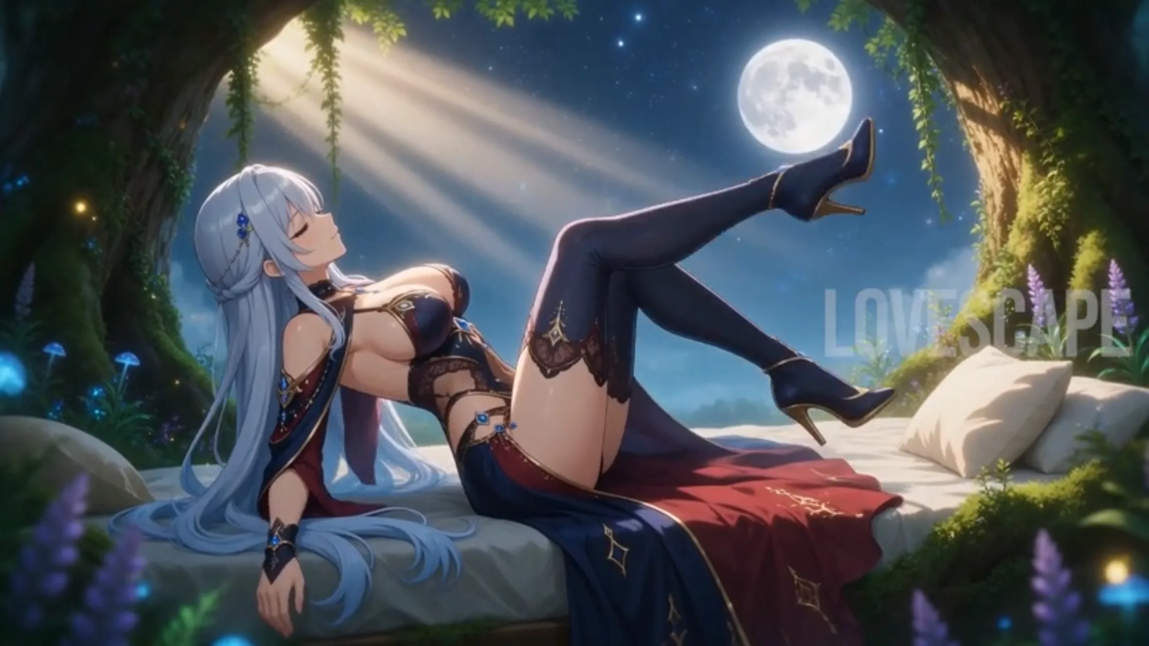 AI-generated fictional adult anime character in a moonlit fantasy forest