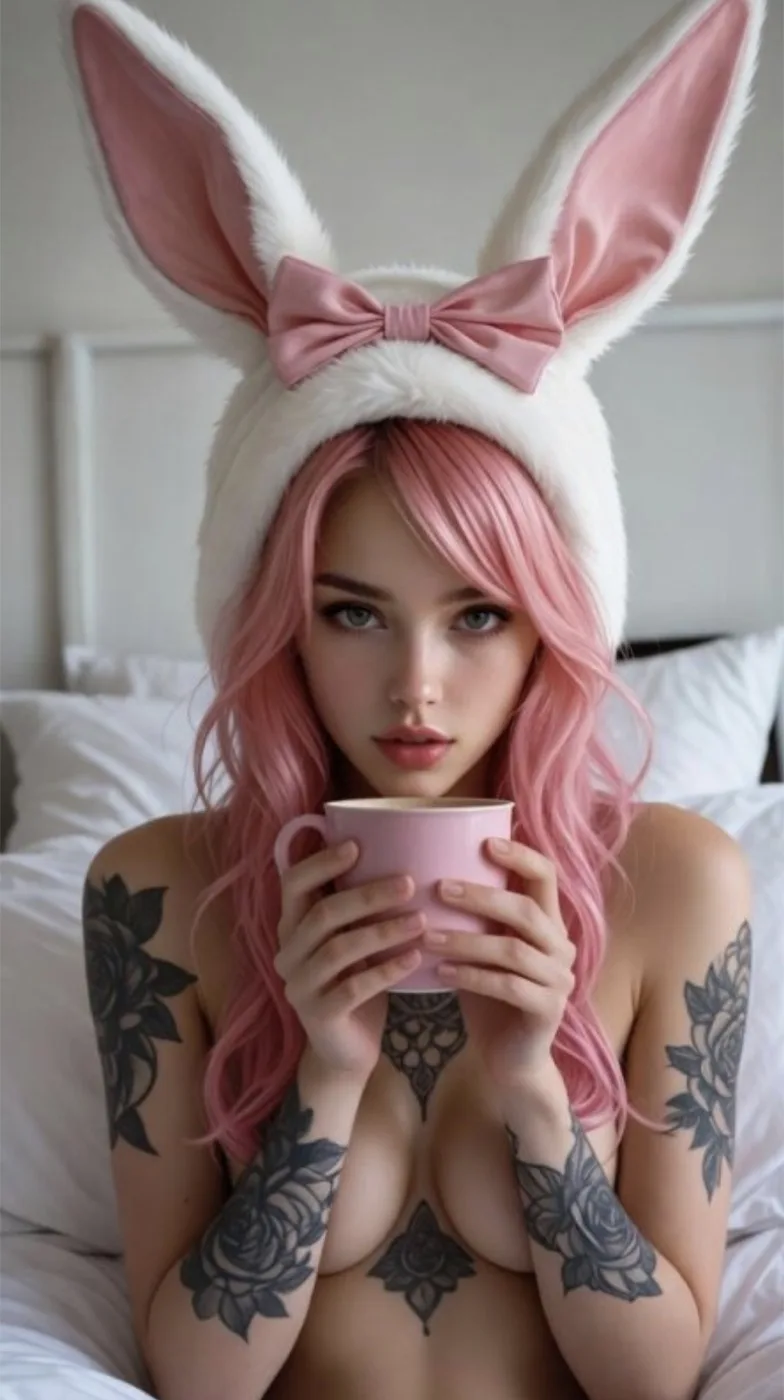 Mimi, a fictional adult pink-haired bunny companion