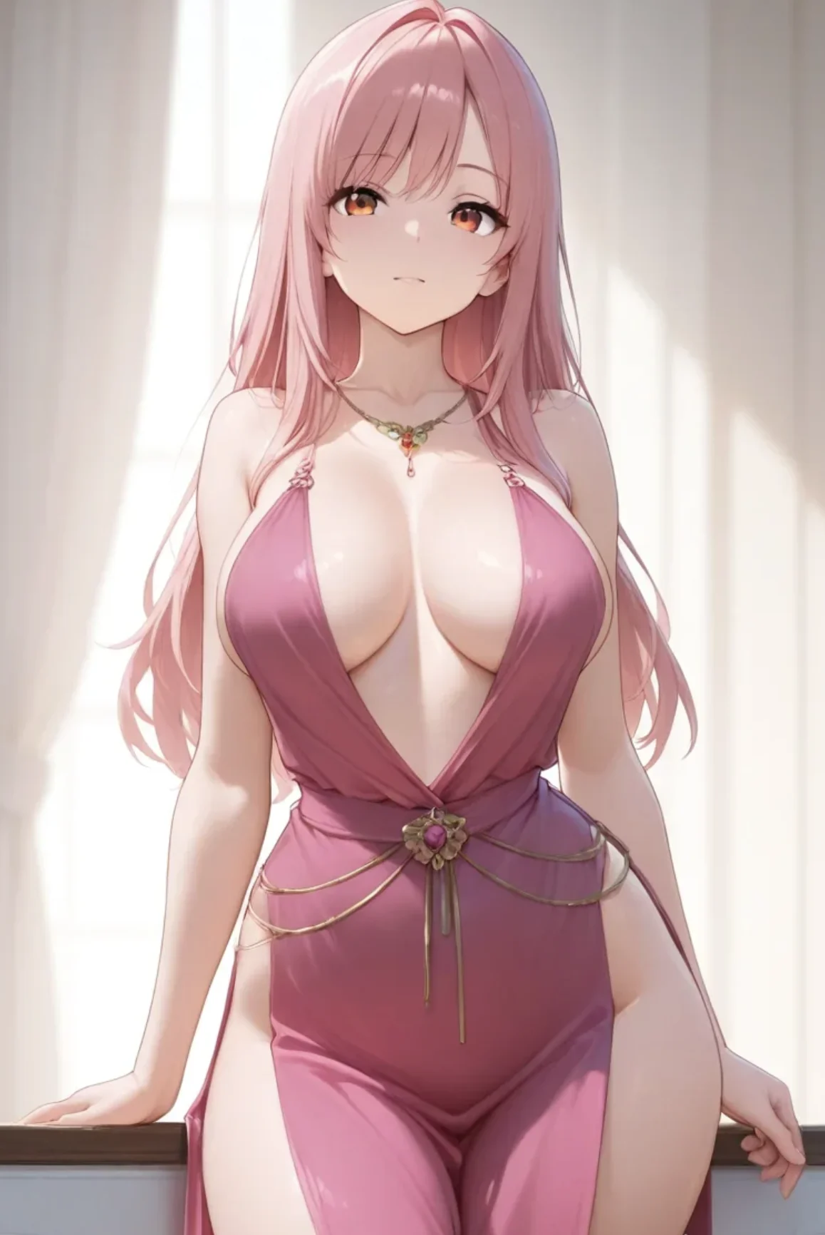 Fictional adult pink-haired anime AI chat companion in a rose dress