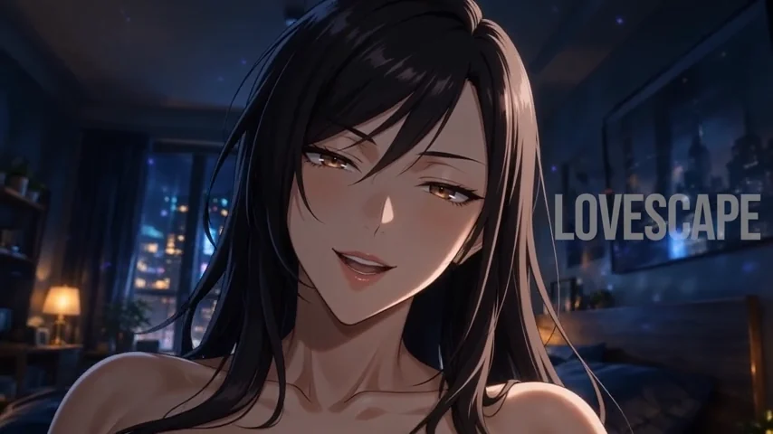 Anime-style fictional adult woman in a cinematic bedroom at night