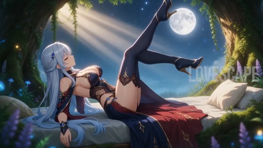 Anime-style fictional adult woman in a moonlit fantasy scene