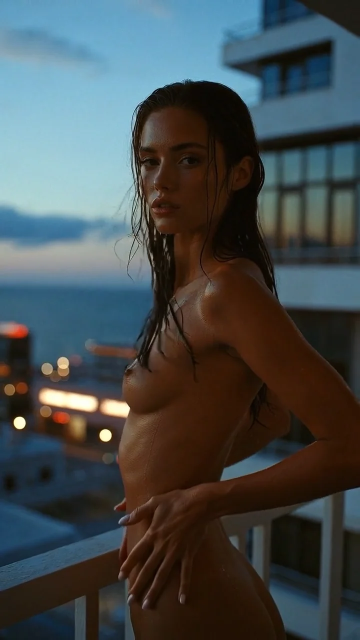 Fictional adult woman on a balcony at dusk